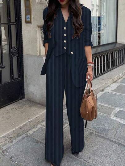 Women's Casual Commuter Striped Jacket, Pants, Vest 3-Piece Suit Set, Spring/Summer