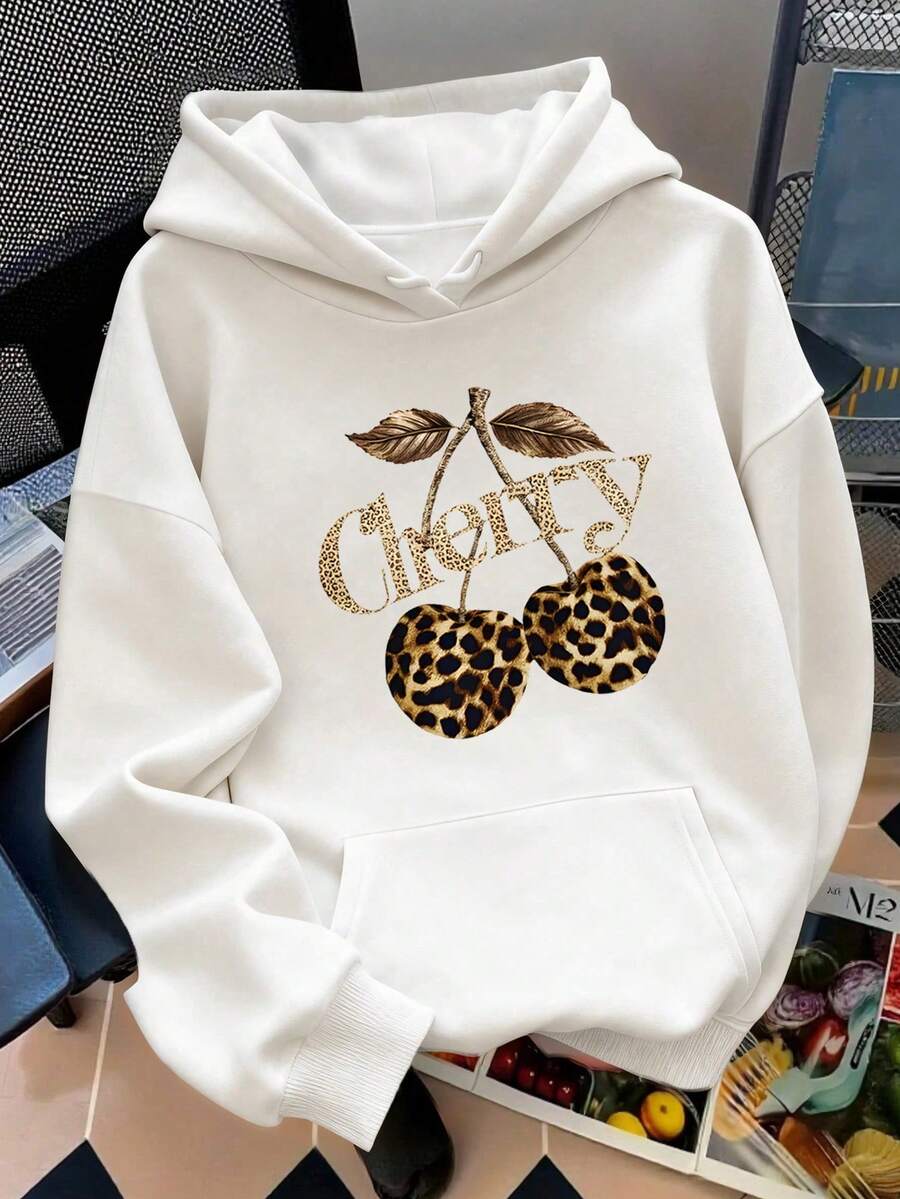 Leopard Print Cherry Pattern Hoodie, Women's Long Sleeve Casual Hooded Sweatshirt With Pockets, Fall Back To School Clothes - Multicolor - View 1