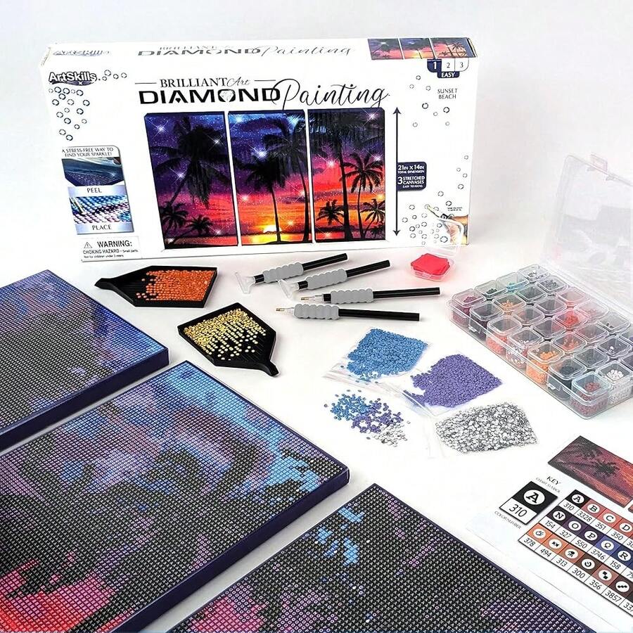 [Free Shipping]ArtSkills Diamond Painting Kit, Diamond Art On Framed Canvas With Gem Storage Case And Accessory Kit, Beach, 3 Stretched Canvas Panels, 14" X 7" Each,Beach - 海灘 - 查看 1