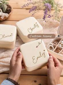 Personalized Handwritten Name Heart-Shaped Jewelry Box - Customized Beige Travel Jewelry Storage Box, Zipper Closure, Fabric Lining, Perfect Bridesmaid Invitation Gift Or Couple's Memento, Elegant Design | Soft Lining, Wedding Gift, Jewelry Box - Multicolor - View 2