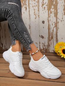 Women's White British Style Lace-Up Sneakers, Round Toe Low-Top Thick Sole Slip-On Shoes, Fashionable Breathable Non-Slip Chunky Sneakers For Students - White - View 1