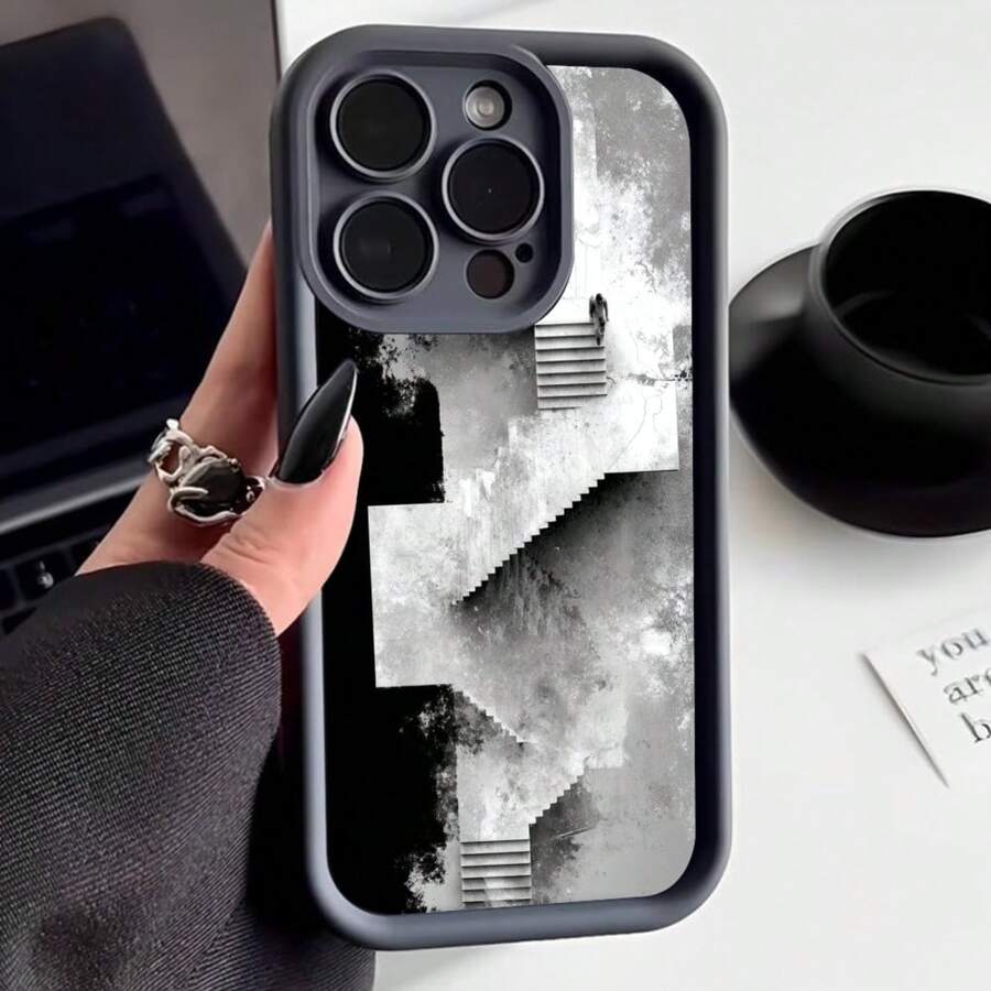 Cubierta de teléfono con borde negro diseño abstracto en blanco y negro escaleras infinitas estilo minimalista para uso diario y trabajo - Negro - Ver 1