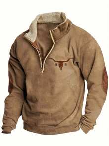 Western Style Buffalo Print Half Zip Sherpa Lined Pullover - N2KQ2 - Xem 1