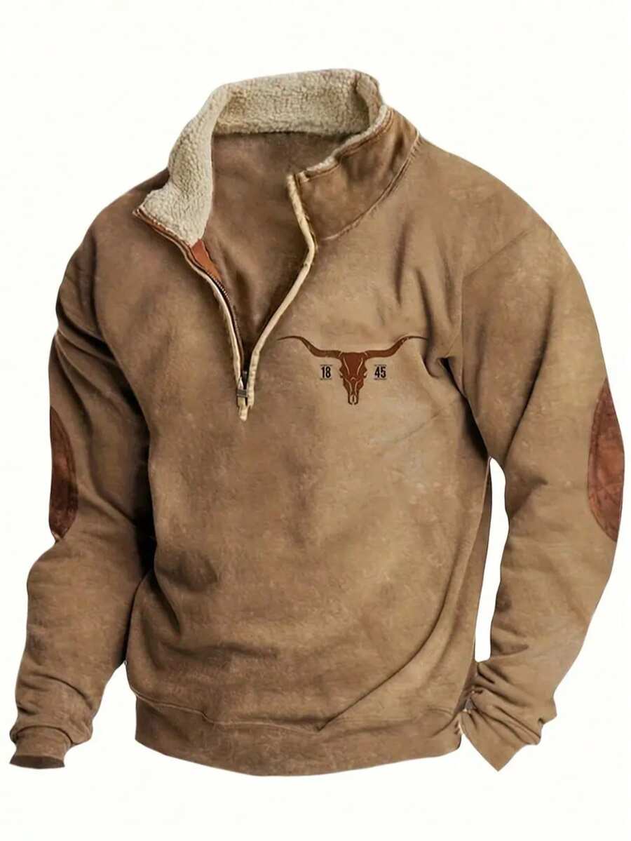 Western Style Buffalo Print Half Zip Sherpa Lined Pullover - N2KQ2 - Xem 1