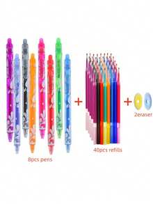 50 piezas Juego de bolígrafos de gel borrables de colores con recambio de tinta, bolígrafos de bola con cabezas de goma perfectos para que los niños escriban, dibujen, como regalo de vacaciones y recompensas diarias - Multicolor - Ver 1