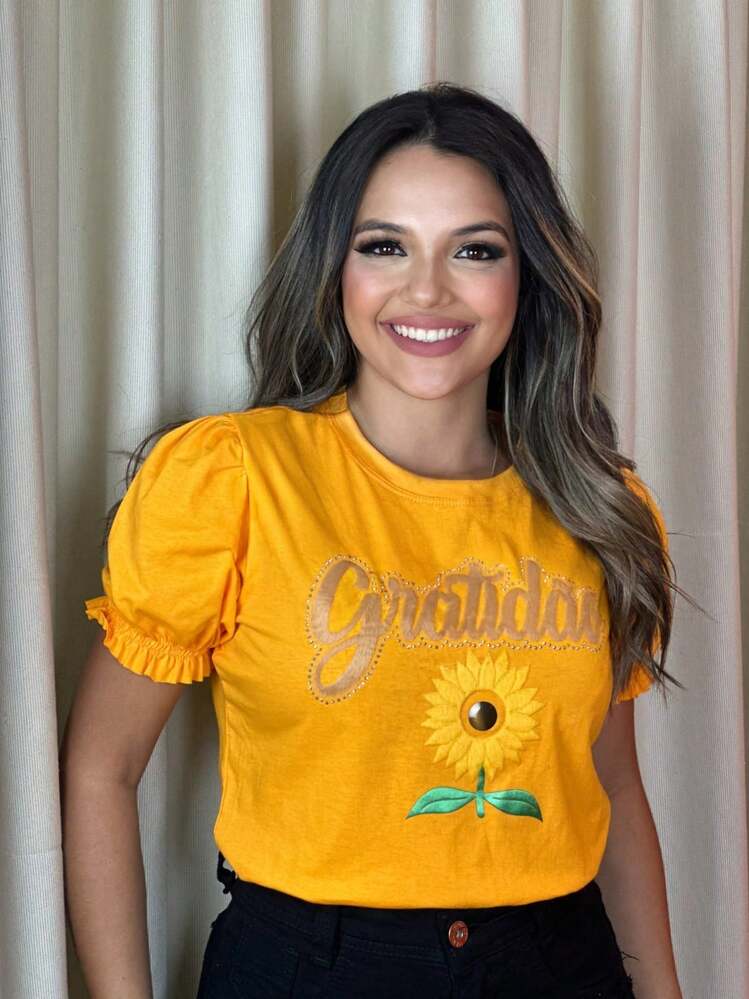 Blusa Feminina Estampada com Manga Bufante e Estampa de Girassol - Amarelo Girassol - Visão 7