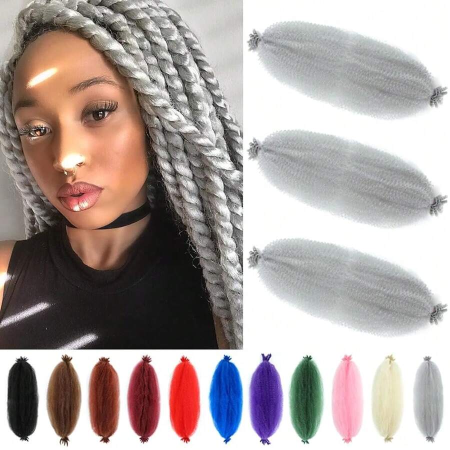 Springy Afro Twist Hair 16 Inch 3 Packs Grey Color Pre Fluffed Marley Twist Braiding Hair For (16inch, Grey),Grey - 灰色 - 查看 1