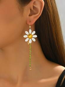 乡村风向日葵水钻镶嵌长耳环 - 金色 - 查看 3