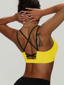 Women's Solid Color Round Neck Criss-Cross Removable Padded Fashionable Knit Sports Bra Spring - Yellow - View 2