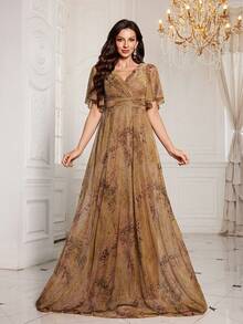 UNITHORSE [随机剪裁] 女士V领荷叶边袖亮片露背优雅晚会伴娘礼服 - 棕色 - 查看 1