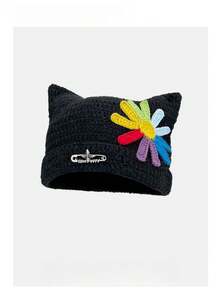1pc Handmade Cute Cat Ear Daisy Brooch Decor Fashion Knitted Hat, Autumn/Winter Warm Ear Protection Versatile Knitted Cap, Clothing Accessory Hat - Mũ len - Xem 3