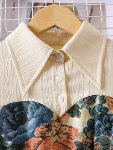 Girls' Floral Collar Short Sleeve Puff Sleeve Splice Long Dress, Palace Style, Spring/Summer - Multicolor - View 3