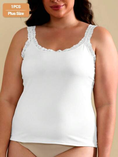 1 stuk dames plus size effen kleur kanten afwerking ronde hals mouwloos patchwork camisole tanktop