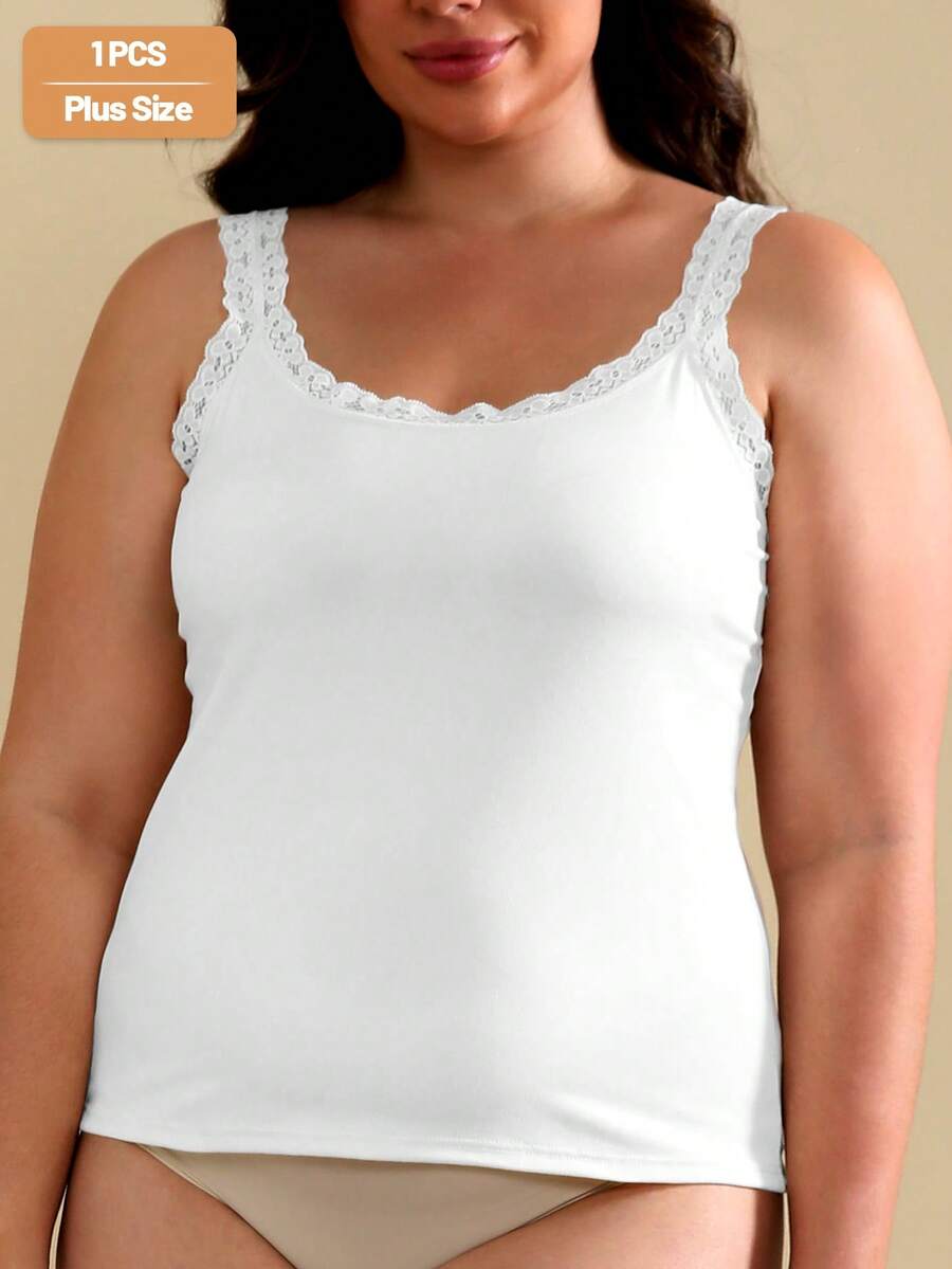 1 buah Atasan Tank Top Camisole Tanpa Lengan Leher Bulat Motif Patchwork Warna Polos untuk Wanita Ukuran Plus - Putih - View 1