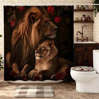 1件狮子家族浴帘，优雅设计，玫瑰背景，家居装饰，浴室配件，动物主题，营造温馨氛围，励志艺术作品，经久耐用，时尚现代，浴室浴帘，涤纶材质，带挂钩。