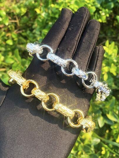 DUBSS 1 Piece Patterned Link Bracelet For Men Gold Plated Real Copper Hip Hop Jewelry Albert Clasp