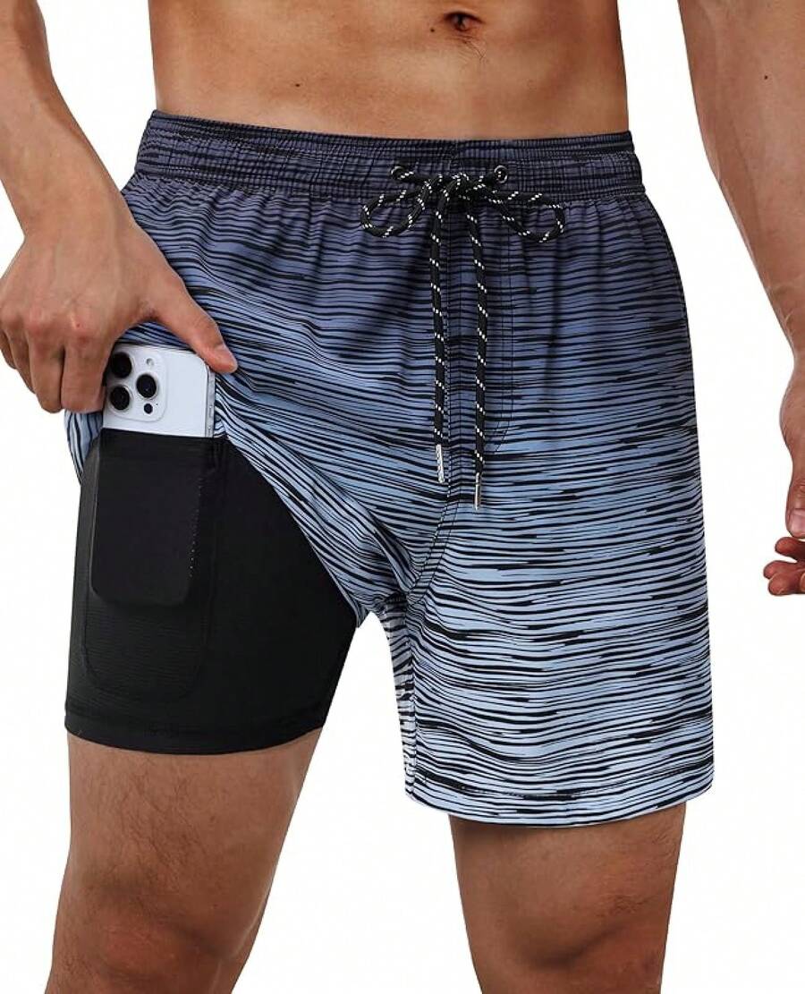 Bañador de hombre con forro de compresión, pantalón corto de baño de 5 pulgadas de entrepierna para hombres - Rayas degradadas - Ver 1