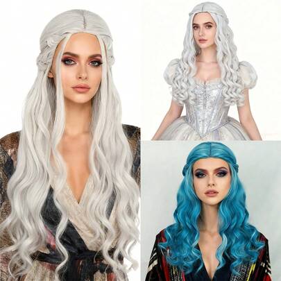 Long Fluffy Curly Wavy Half Up Half Down Braided Queen Cosplay Wig For Women, Heat Resistant High-Quality Synthetic Hair Anime Wig For Halloween Party/Christmas/Daily Wear, Half Braids Style, Multiple Colors Available For Selection, Look, Easy To Style & Maintain, Fashion Playful Princess Costume Hairpiece, Stage Performance Accessories