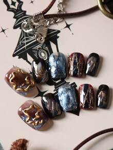 10片装亚克力美甲贴片，黑色、蓝色、金色蕾丝美甲用品，短款美甲贴片，假指甲，人造指甲套装，包含1张粘合贴片和1个迷你指甲锉。 - 彩色 - 查看 1