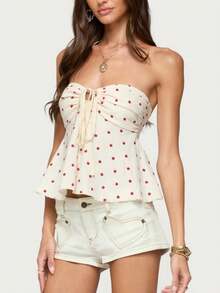 Women Bandeau Tops Y2k Cute Polka Dots Print Flowy Ruffle Strapless Tube Tops Pleated Ruched Tie Front Crop Tops Summer Sweet Sleeveless Backless Going Out Tops Casual Party Streetwear - trắng - Xem 4