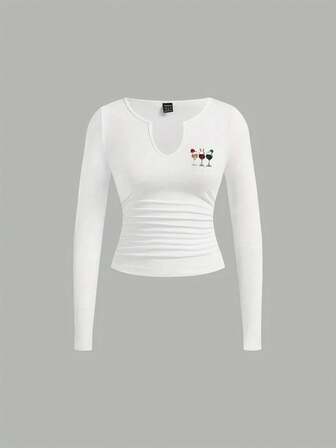 Black Long - Sleeve V - Neck Crop Top With Cherry - Shaped Cartoon Illustrations On Left Chest, Ruched Midriff, Fitted &  Casual Stretchy T - Shirt For Womenlong Sleeve Tops Women Winter Clothes For Women Long Sleeve Tops - Women's Winter Outfits: Elegant Conjunto De Mujeres + Flowy Top, Blusas & Top Negro