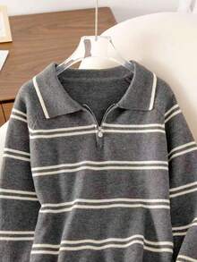 2025 Autumn/Winter New Striped Contrast Color Half Zip Polo Collar Sweater Top - Grey - View 5