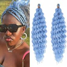 Light Blue Boho Hair For Braiding Deep Ocean Wave Crochet Hair Curly Ocean Wave Wavy Braiding Hair For  16 Inch Bohemian Soft Curls For Boho Braids Extensions,LightBlueBohoHair - 淺藍色波西米亞風髮 - 查看 1