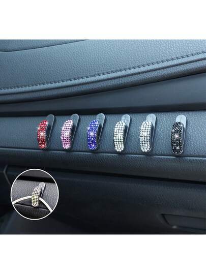 4 Packs Sparkling Rhinestone Car Hangers – Versatile Adhesive Car Storage Holder | Sparkling Car Interior Accessories For Hanging Keys, USB Cables, And Storage Bags | Durable Plastic Vehicle Organizer