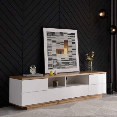 Modern Color-Block TV Cabinet In White, TV Cabinet With Wood Grain Finish, 180 Cm