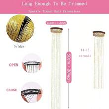 Hair Tinsel Clip In Tinsel Hair Extensions Gold Fairy Glitter Hair Tinsel Kit For Women Heat Resistant 21.5In 12Pcs Festival Accessories For Party, Christmas, New Year, Halloween, Cosplay,Gold - 金色 - 查看 3