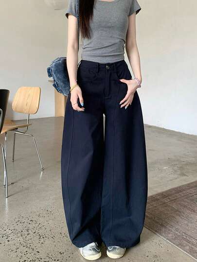 ワイドレッグ ウォッシュド カジュアルパンツ レディース ルーズフィット、スタイリッシュ&多用途 春