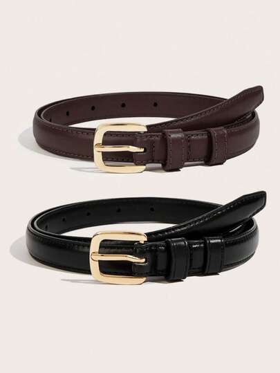 2pcs Vintage Elegant Solid Color Women's Belt Set, Y2K Punk Style Gold Buckle Belts In Black And Coffee, Perfect For Holiday Wear, Gift, Pair With Dresses, Casual Outfits, Rock, Party, Leisure, Street, Campus, Autumn/Winter