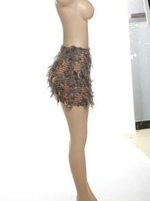 欧美街头风格条纹流苏女式紧身迷你裙 - 卡其色 - 查看 2