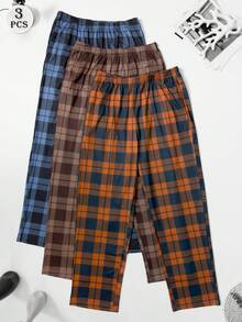 3件組男士格紋印花直筒睡褲，透氣寬鬆版型彈性腰帶長褲附口袋，多色休閒套裝，適合秋冬 - 彩色 - 查看 3