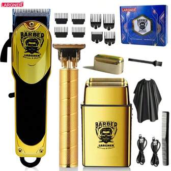  Juego profesional de corte y recorte de cabello para hombres LARGNER 3 en 1 - Juego de corte de cabello recargable por USB con pantalla LCD, que incluye afeitadora eléctrica, recortadora de cuchilla en T, 8 peines guía, 3 cables USB, 1 cepillo de limpieza y peine - Regalo ideal