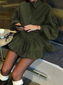 Women's Elegant Ruffle Hem Mini Skirt 2 Pieces Set, Solid Color, Elegant Spring - Army Green - View 4