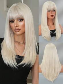 7JHH WIGS Platinum Blonde Wigs For Women Long Straight Hair Wig With Bangs Heat Resistant Fiber Synthetic White Blonde Layered Wig For Girls Daily Party Cosplay Use 24 Inch - White - View 3