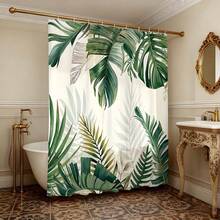 1件装热带树叶图案浴帘，布艺浴室装饰套装，带挂钩，绿色植物树叶丛林自然艺术浴帘，现代家居配件，适用于浴缸或淋浴间，波西米亚风格涤纶浴帘，带挂钩