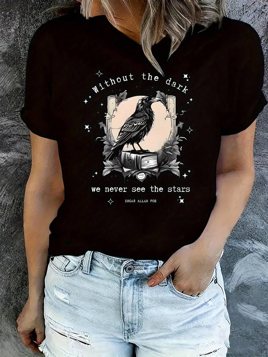 Without The Dark We Never See The Stars 1 Pcs Women's Plus Size T-Shirt Funny Oversized Graphic Short Sleeve Tee Novelty 100% Polyester Versatile Shirt Casual Crew Neck Top 220g - 黑色 - 查看 1