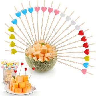 200/100/50支装什锦彩色心形竹叉，适用于装饰水果串、小吃、三明治、面包、沙拉、寿司、饮料、冰沙，是生日、情人节派对、婚礼、母亲节、感恩节、自助餐、户外烧烤的理想之选（颜色随机混装）