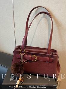 1pc Vintage Strap Decor Shoulder Bag, PU Material Underarm Bag With Pendant, Suitable For Daily Outing, Dating, Commuting - Burgundy - View 3