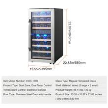 Enfriador de vino  para 33 botellas, refrigerador para vinos de doble zona y doble temperatura, refrigerador independiente con refrigeración por aire circulante y control digital, puerta de vidrio templado con protección UV, para bar en casa - Plateado - Ver 7