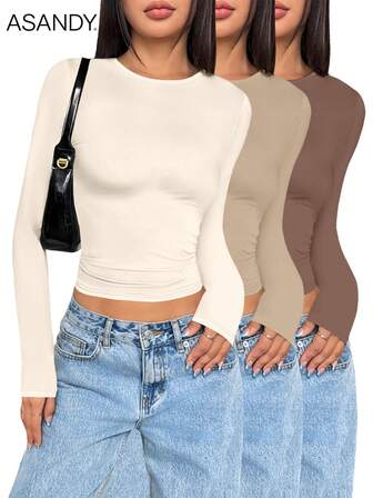 3pcs/Set Women Crew Neck Long Sleeve Solid Color T-Shirts, Slim Fit Casual Pullover Tops