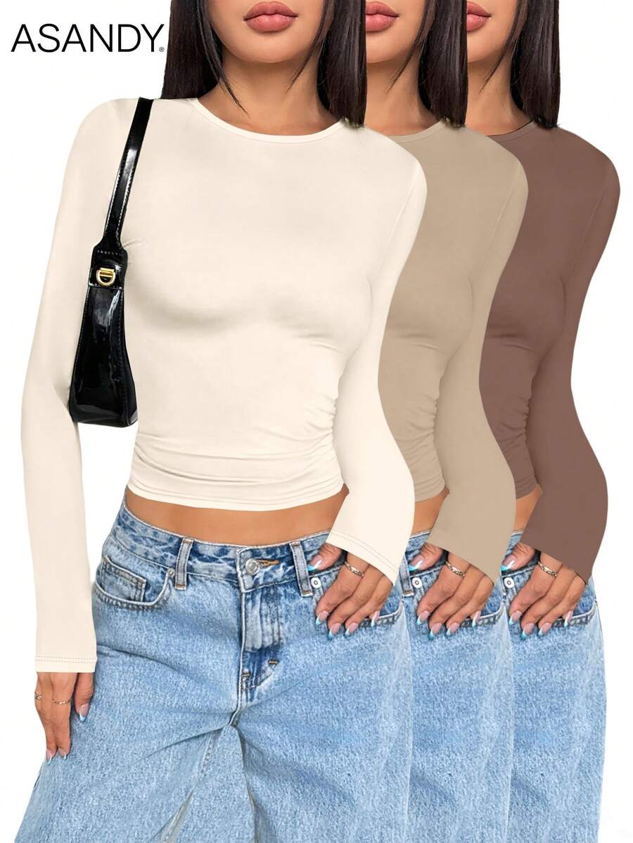 3pcs/Set Women Crew Neck Long Sleeve Solid Color T-Shirts, Slim Fit Casual Pullover Tops Spring - Light Apricot Khaki - View 1