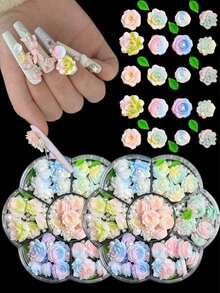 1盒树脂软花美甲饰品，3D渐变玫瑰山茶花绿叶白珍珠，美甲护理工具，镊子，笔，可爱美甲配件，DIY - 彩色 - 查看 4
