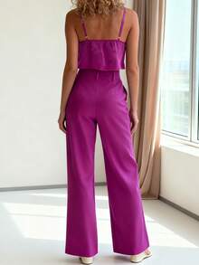 Women's Asymmetrical Casual Sexy Open Shoulder Camisole Top & High Waisted Slim Pants 2 Pieces Set, Suitable For Beach, Honeymoon, Travel, And Formal Occasions - Hot Pink - View 2