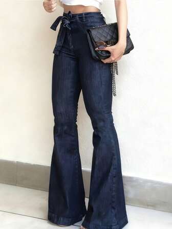 松紧腰喇叭牛仔裤，秋冬休闲款