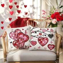 4pcs Valentine's Day Pillow Covers, "Love You More" Heart Striped Bow Print, Minimalist & Cute Peach Velvet Single-Sided Printed Cushion Covers With Zipper Closure, No Pillow Insert Included, Romantic Valentine's Day & Wedding Decor, Suitable For Sofa, Bed, Chair, Bedroom, Living Room, Patio Decoration - Pink - View 4