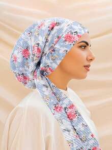 1pc New Ditsy Floral Crinkle Headscarf Hat, Versatile Women's Long Tail Tie Headband Cap, Fashionable & Elegant - Multicolor - View 7