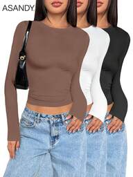 3pcs/Set Women Solid Color Crew Neck Long Sleeve T-Shirts, Slim Fit Casual Pullover Tops, Spring/Autumn